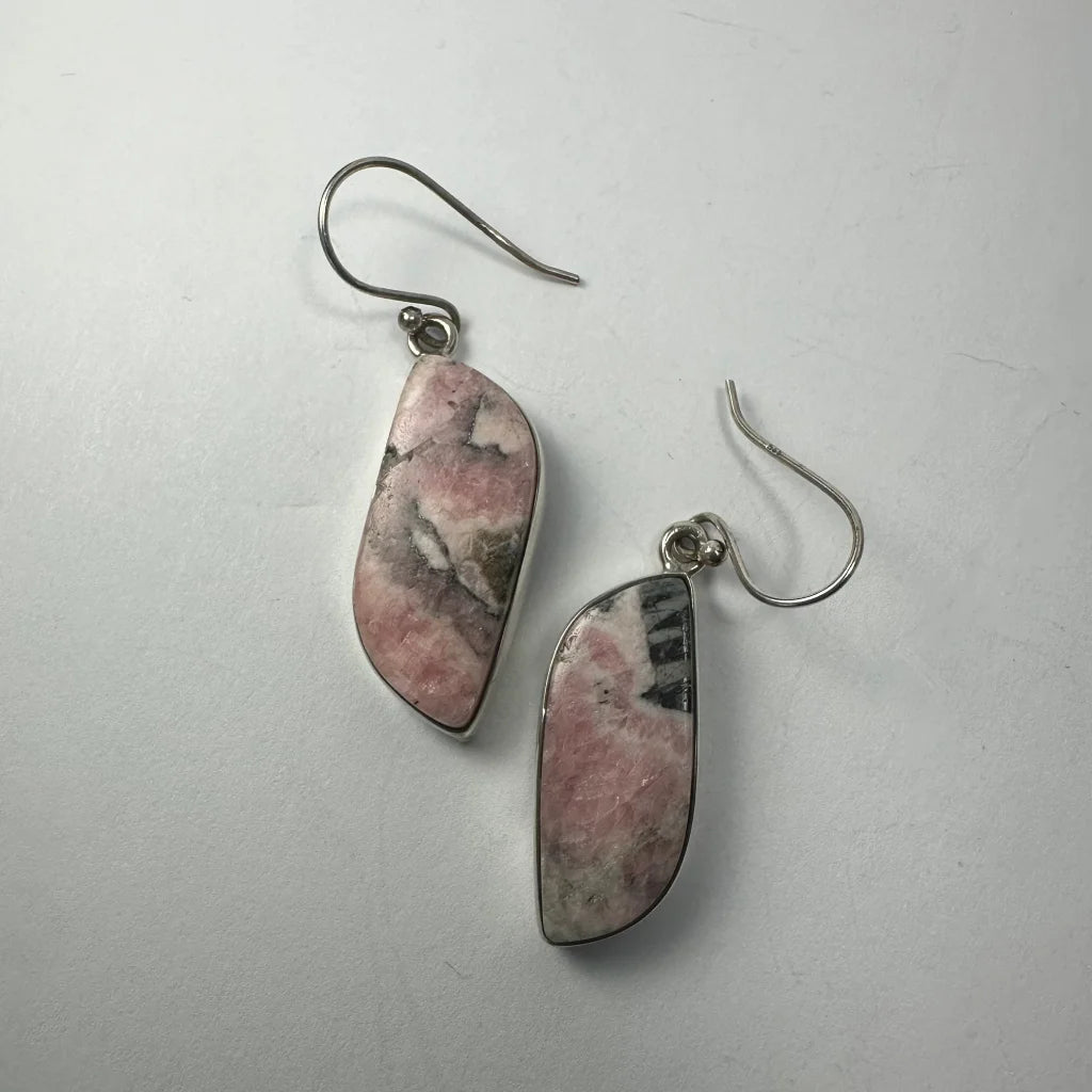 Stunning pink rhodonite earrings with silver hooks