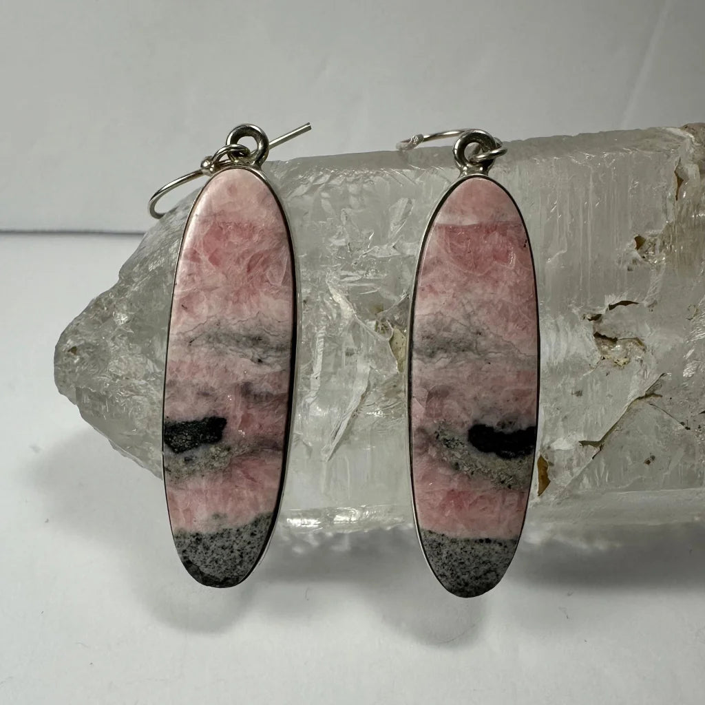 Stunning pink and gray rhodonite earrings with silver hooks