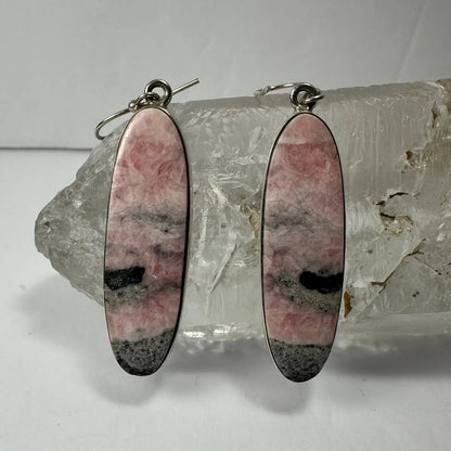 Stunning pink and gray rhodonite earrings with silver hooks
