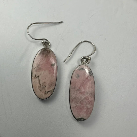 Stunning pink rhodonite earrings in sterling silver with oval gray patterns