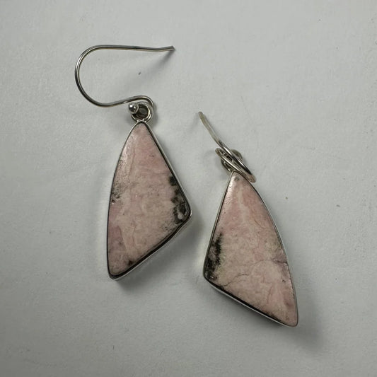 Stunning pink rhodonite earrings in sterling silver with triangular design