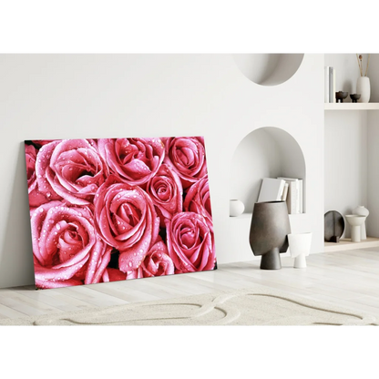 Stunning pink rose glass wall art with shimmering water drops