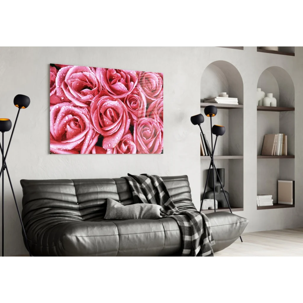 Stunning pink rose glass wall art with shimmering water drops