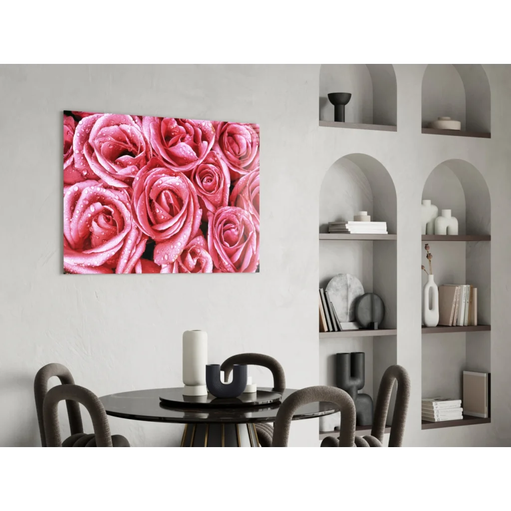 Stunning pink rose glass wall art with shimmering water drops