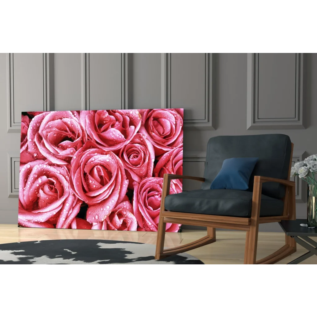Stunning pink rose glass wall art with shimmering water drops