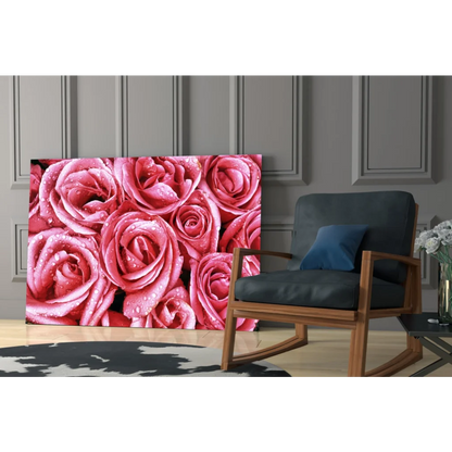 Stunning pink rose glass wall art with shimmering water drops