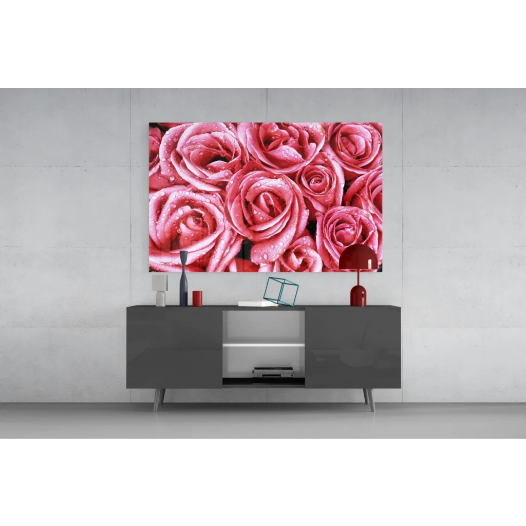 Stunning pink rose glass wall art with shimmering water drops