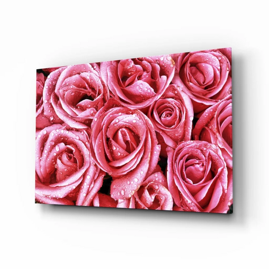 Stunning pink rose glass wall art with shimmering water drops