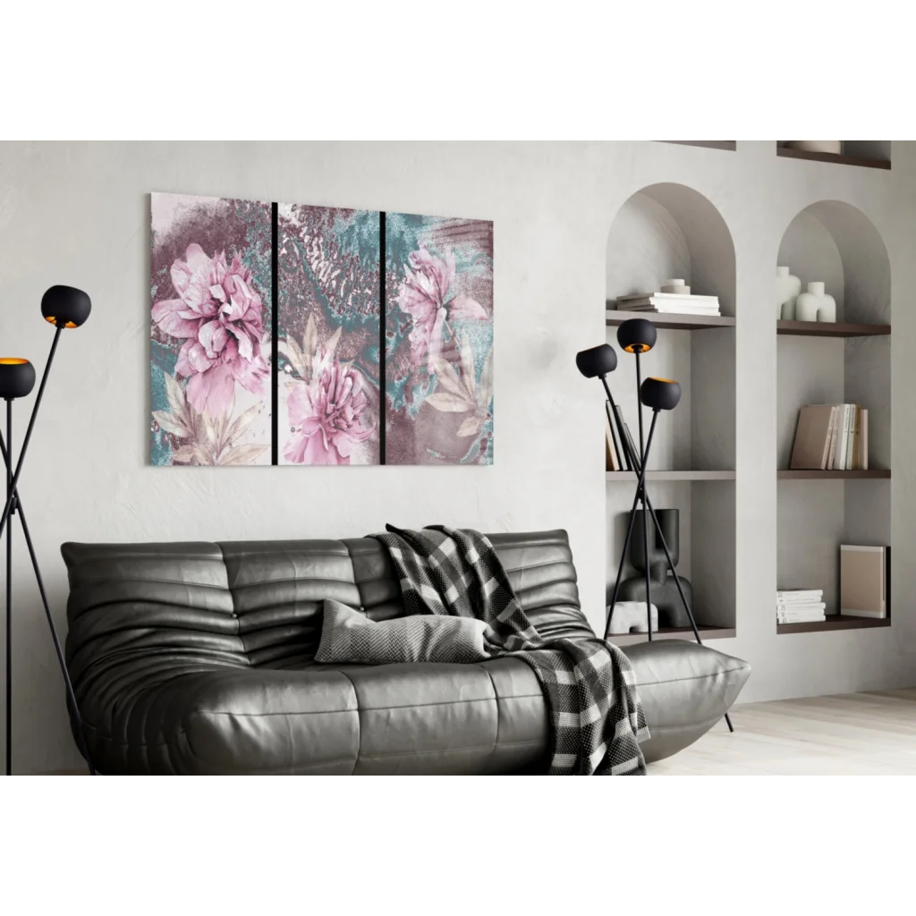 Stunning pink teal floral triptych canvas wall art set