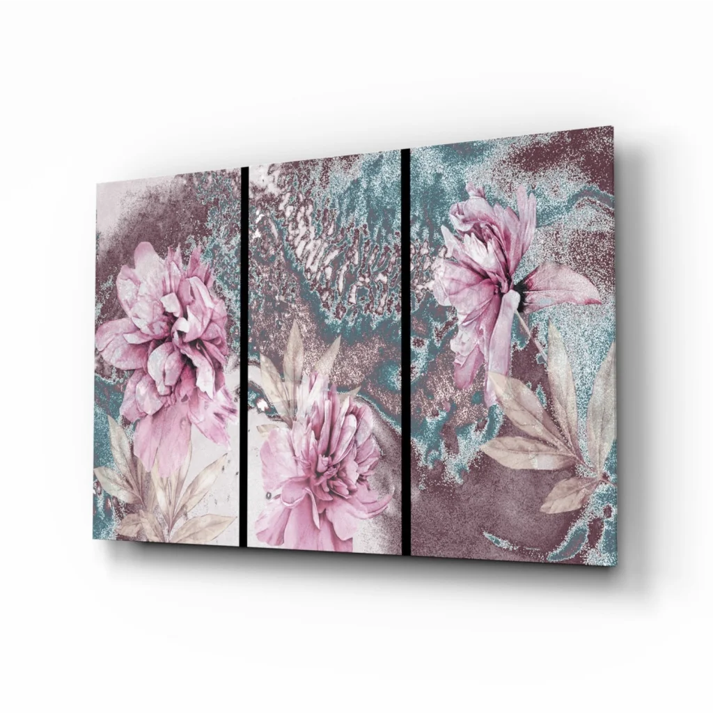 Stunning pink teal floral triptych canvas wall art set