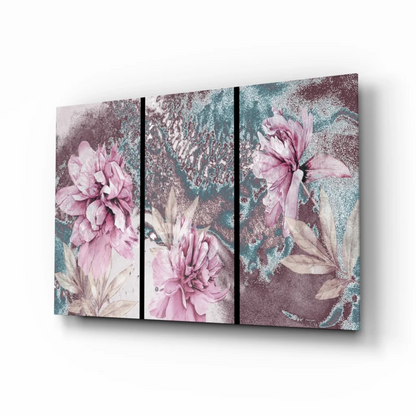 Stunning pink teal floral triptych canvas wall art set
