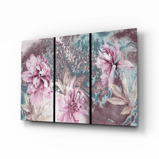 Stunning pink teal floral triptych canvas wall art set