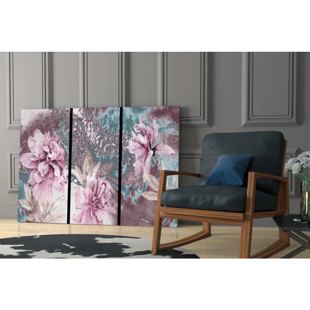 Stunning pink teal floral triptych glass wall art with glossy finish