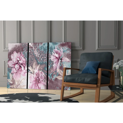 Stunning pink teal floral triptych glass wall art with glossy finish