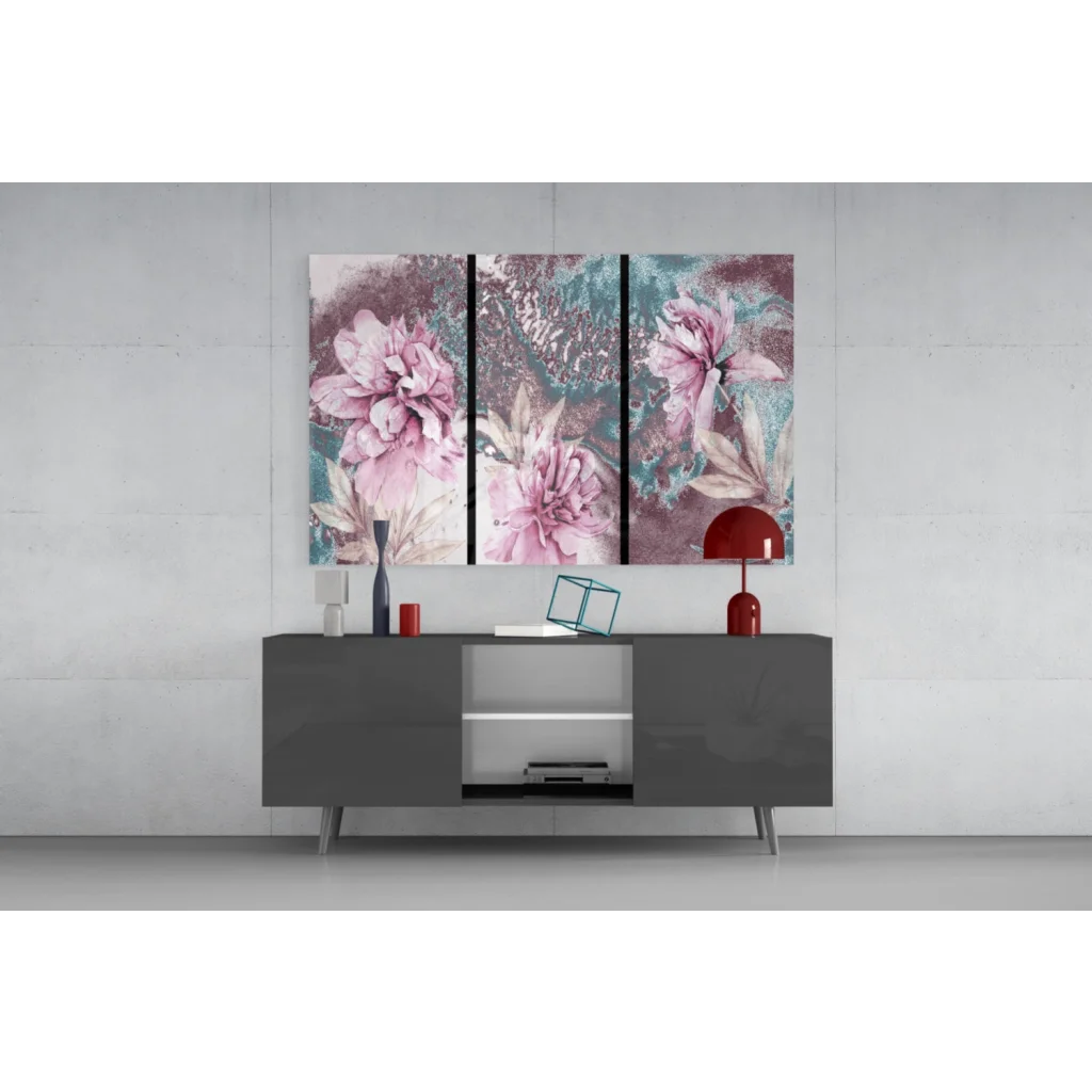 Stunning pink teal floral triptych wall art set on modern gray sideboard