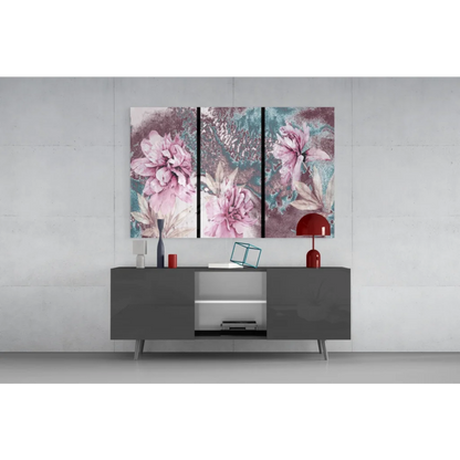 Stunning pink teal floral triptych wall art set on modern gray sideboard