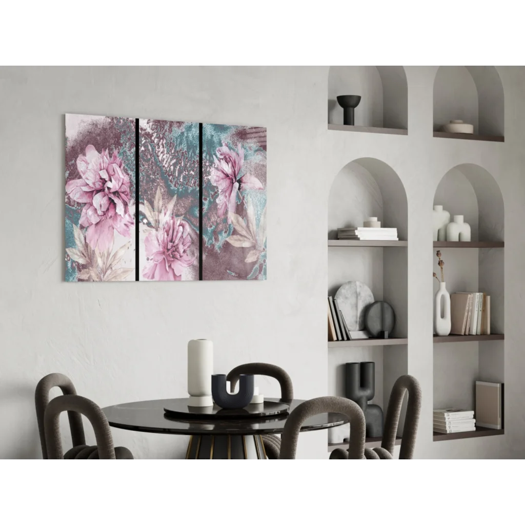 Stunning pink teal floral triptych canvas wall art set