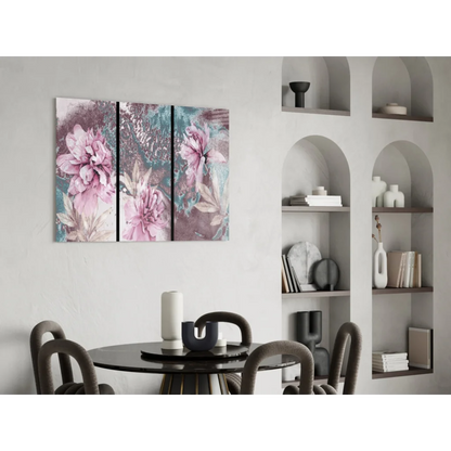 Stunning pink teal floral triptych canvas wall art set