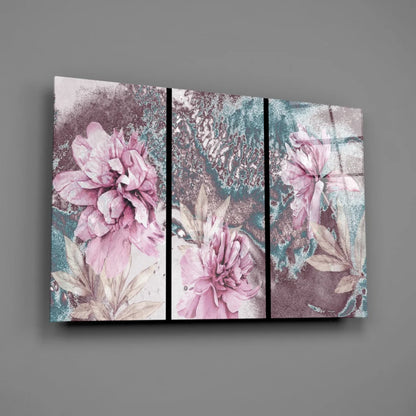 Stunning pink teal floral triptych canvas wall art with gold highlights