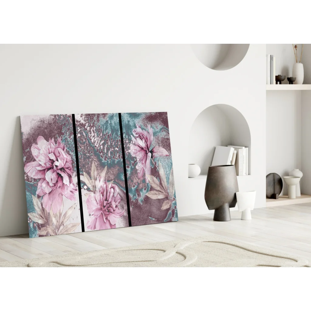 Stunning pink teal floral triptych canvas wall art set