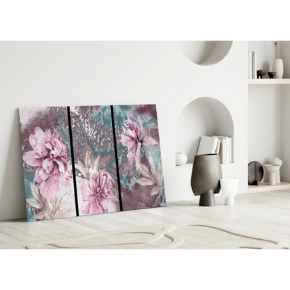 Stunning pink teal floral triptych canvas wall art set