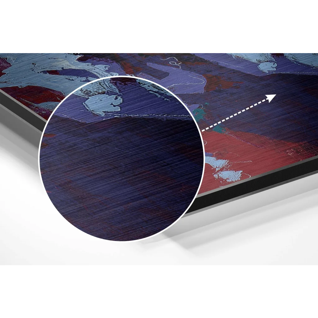 glass wall art Stunning abstract pop art print on brushed aluminium dibond, blue red hues wood texture