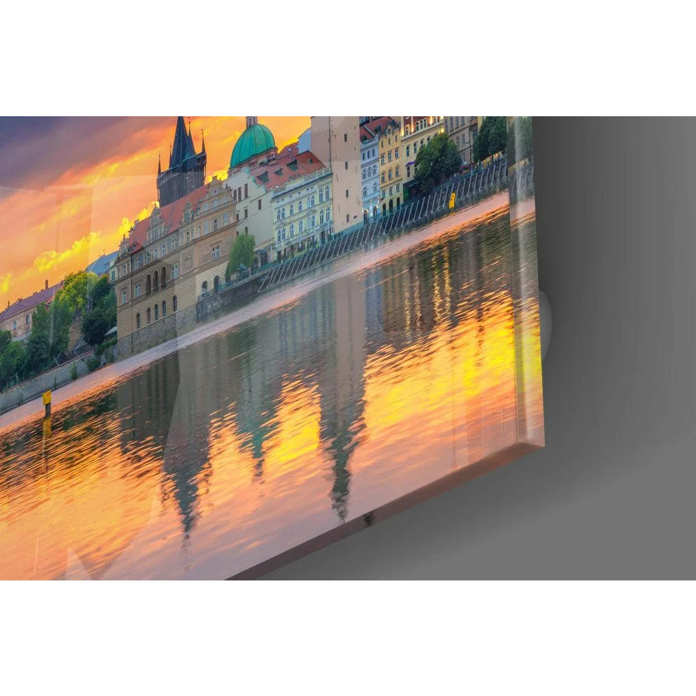 3D Prague sunset glass wall art with vibrant cityscape vibes