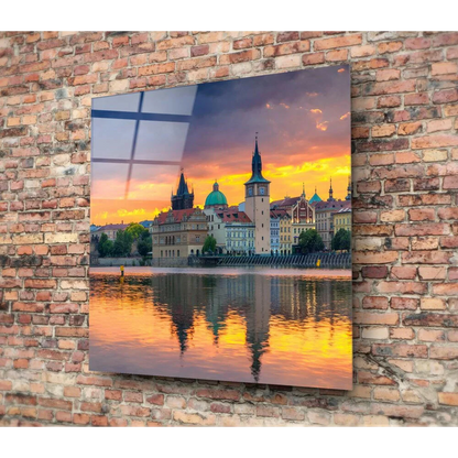 Stunning Prague sunset glass wall art with 24-inch Samsung QLED TV