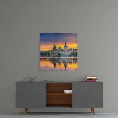 Modern gray sideboard with copper legs and open shelves for Prague sunset glass wall art