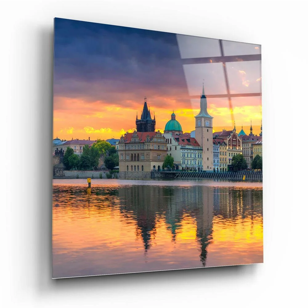 Stunning Prague sunset glass wall art cityscape print