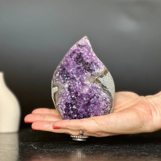 Stunning purple amethyst geode crystal flame display piece