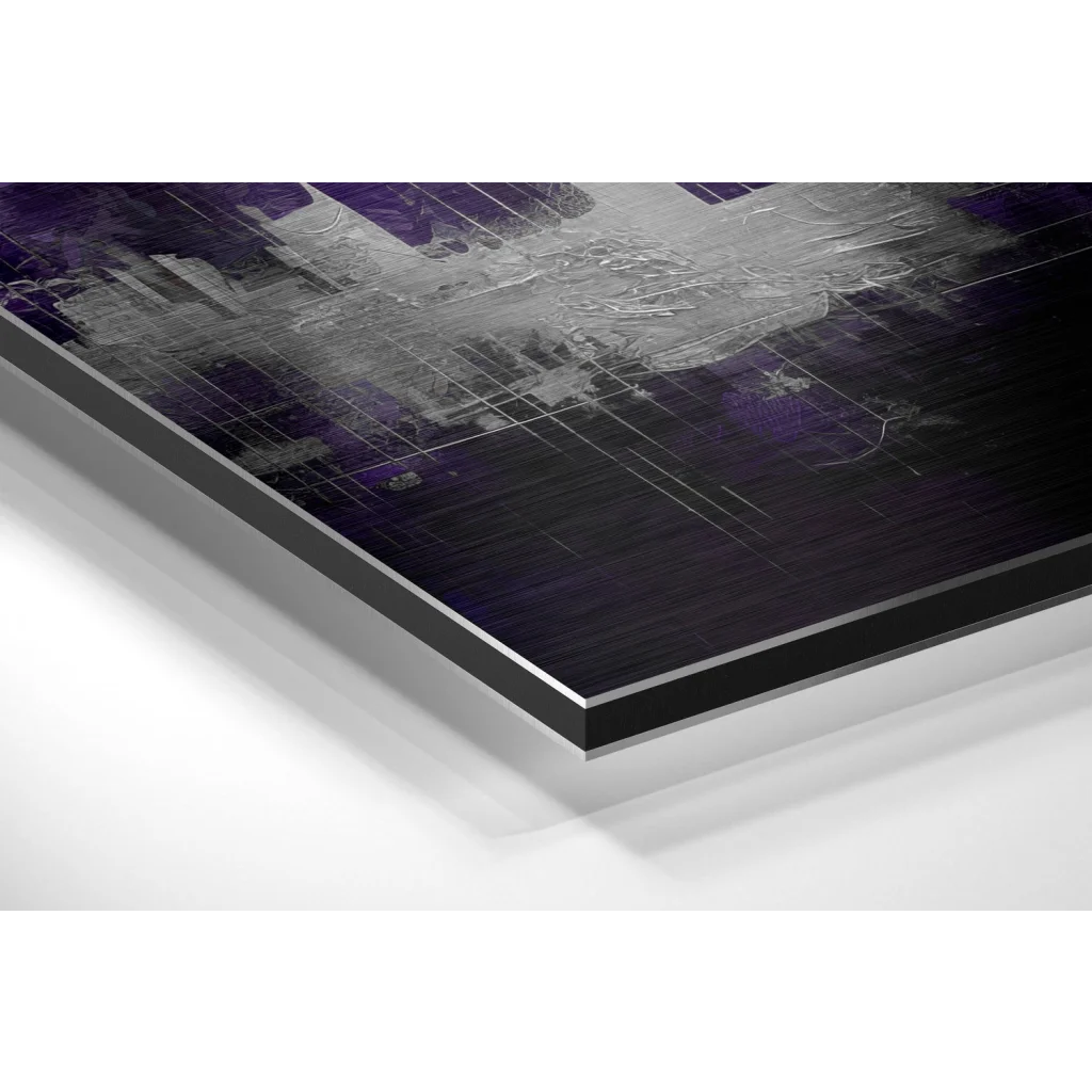 Stunning purple cityscape on brushed aluminium dibond panel