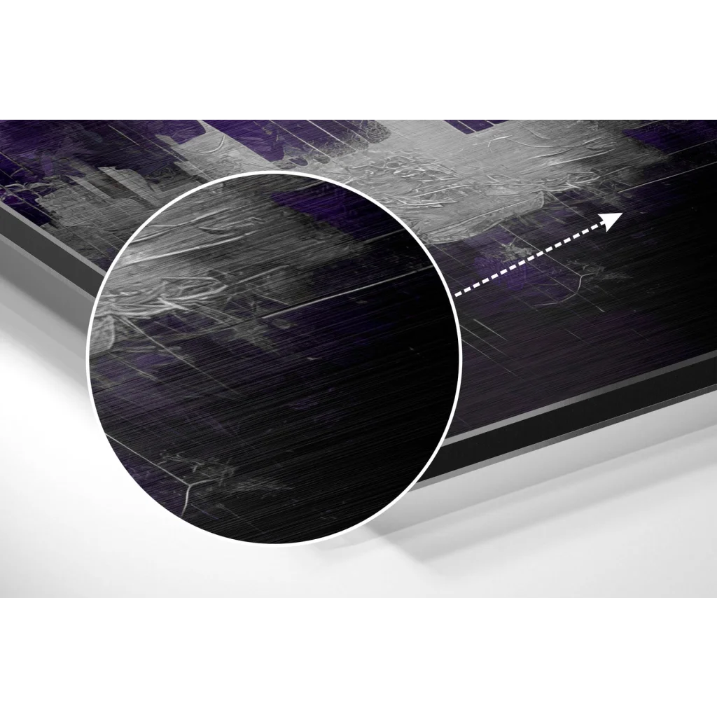 Stunning purple cityscape on brushed aluminium dibond panel
