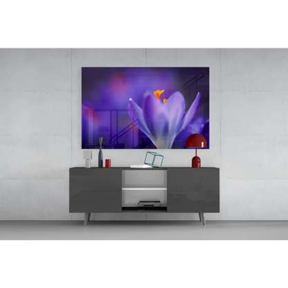 Vibrant purple crocus flower wall art print with yellow center