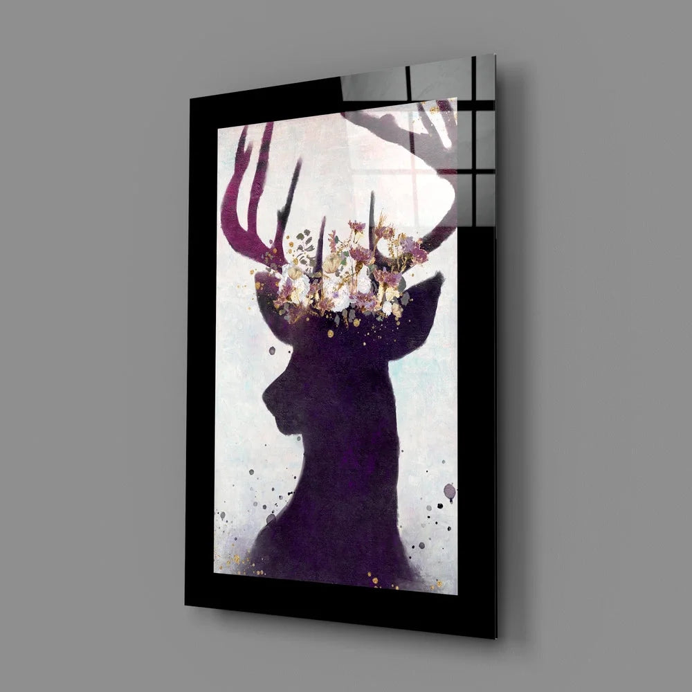 Stunning purple deer glass wall art with floral crown