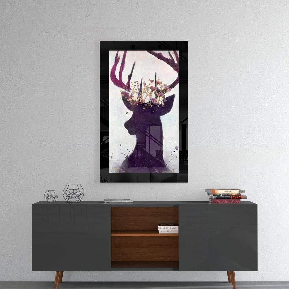 Stunning purple deer glass wall art with floral antlers and black frame