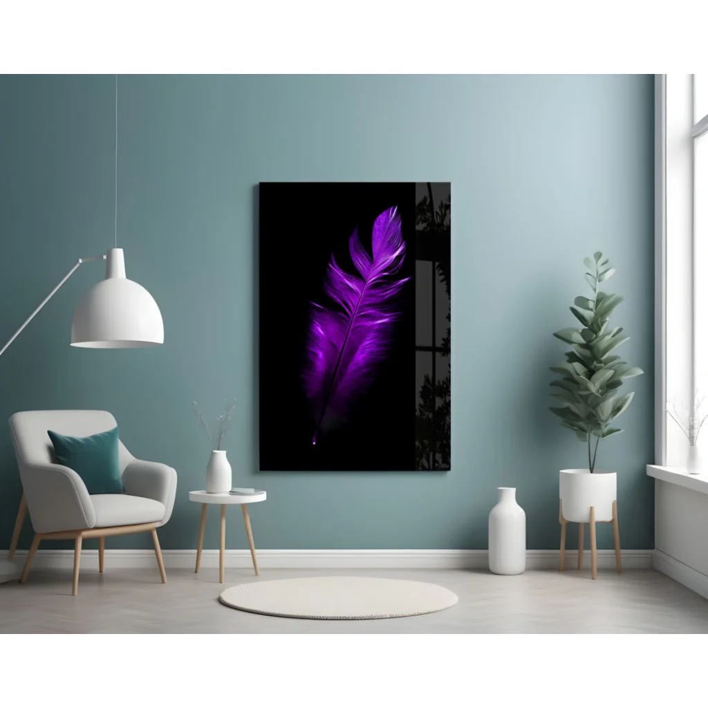 Stunning purple feather glass wall art print on black panel