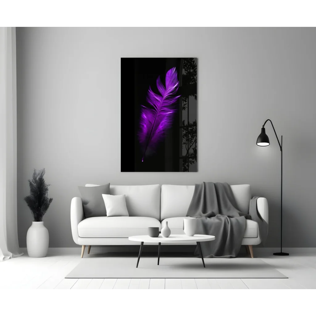 Vibrant purple feather glass wall art print on black panel
