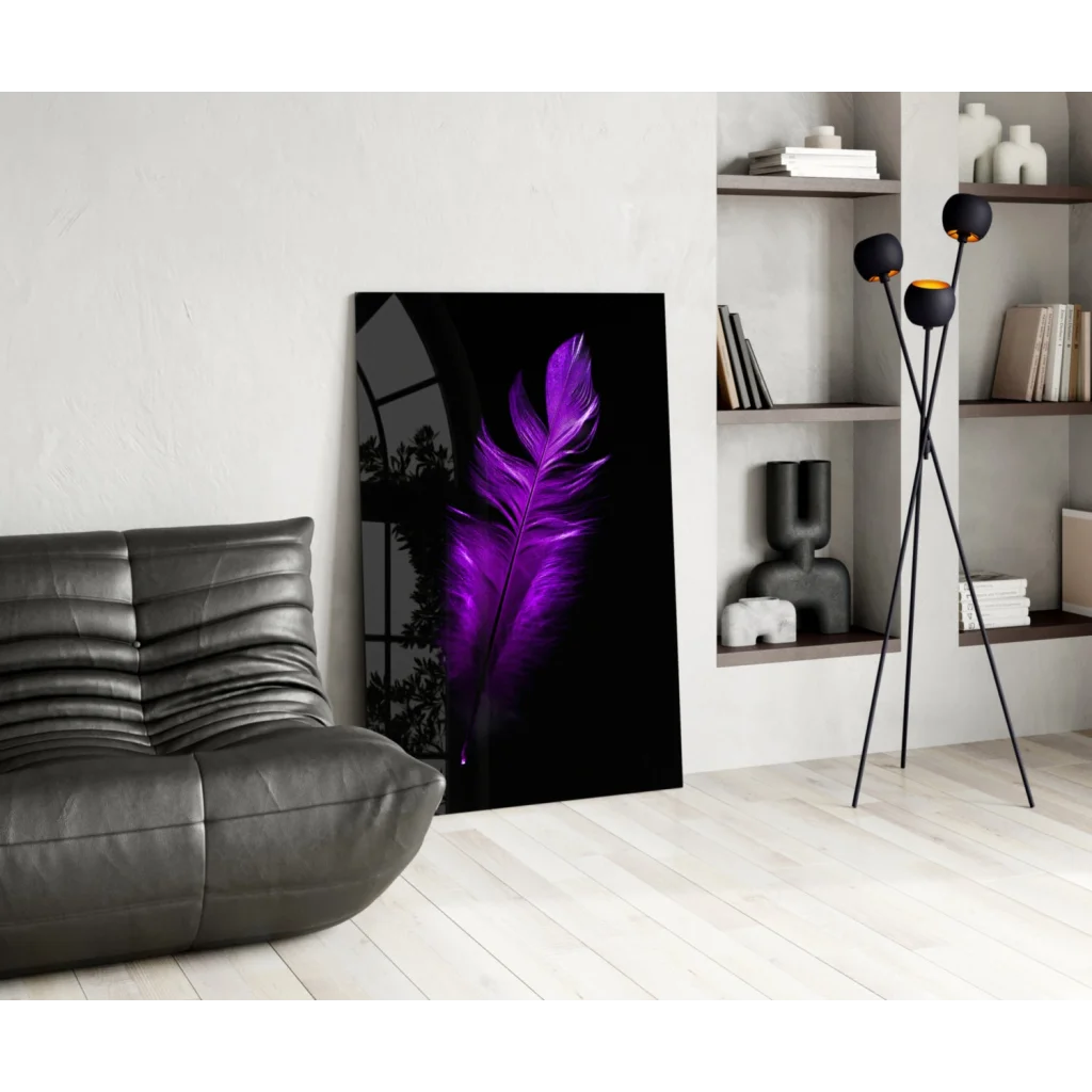 Stunning purple feather glass wall art on black panel