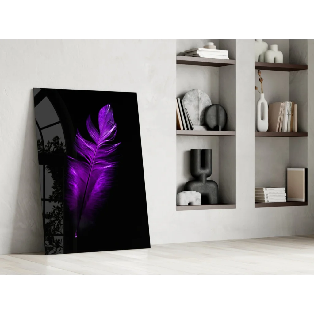 Vibrant purple feather glass wall art print on sleek black panel