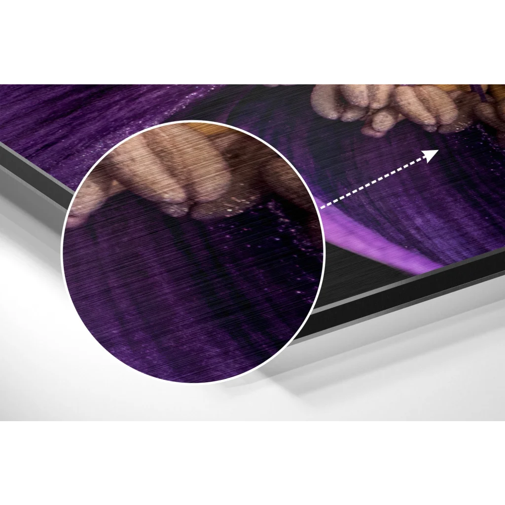 Stunning purple floral brushed aluminium dibond wall art with magnified woven texture