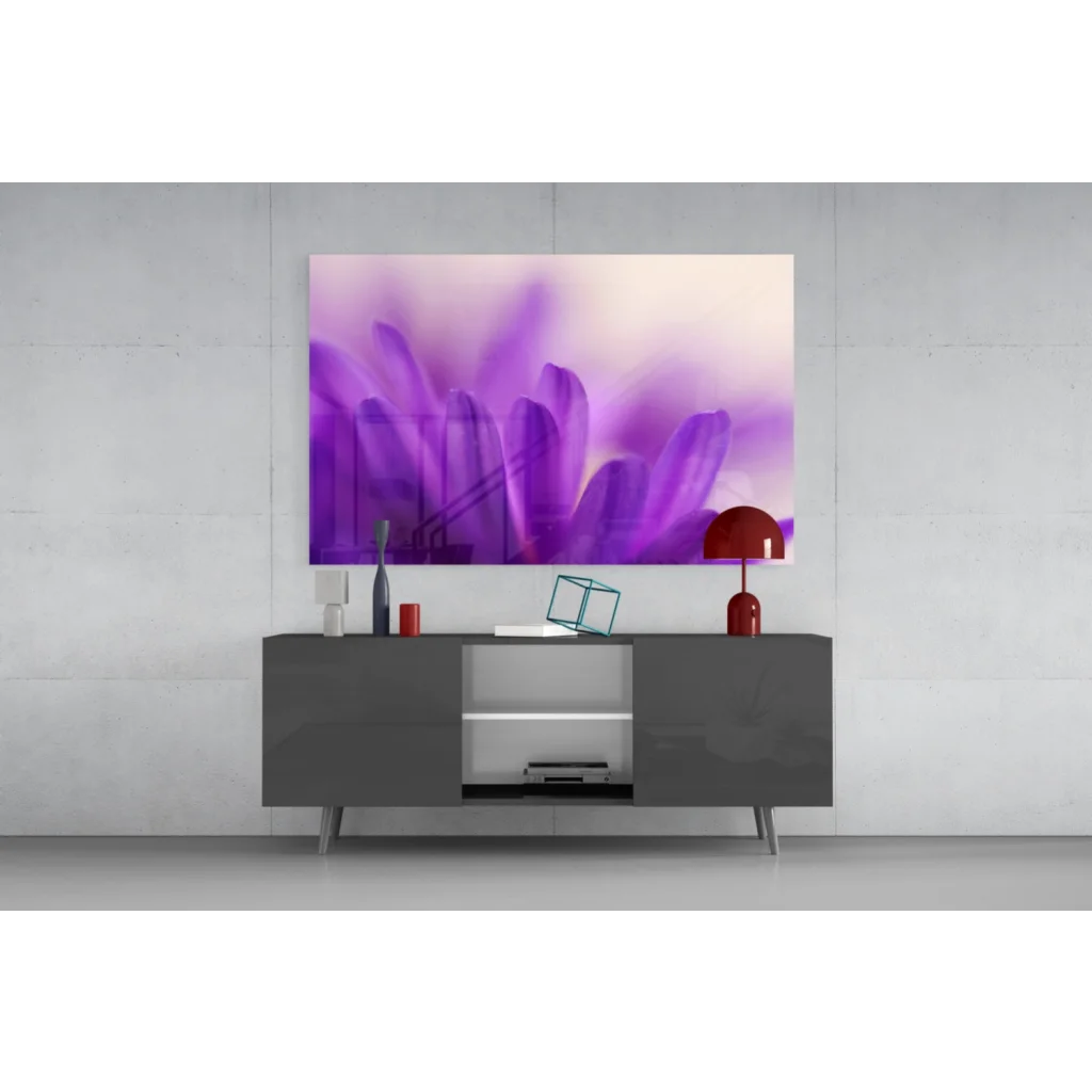 Modern gray sideboard with glass doors and dreamy purple floral wall art