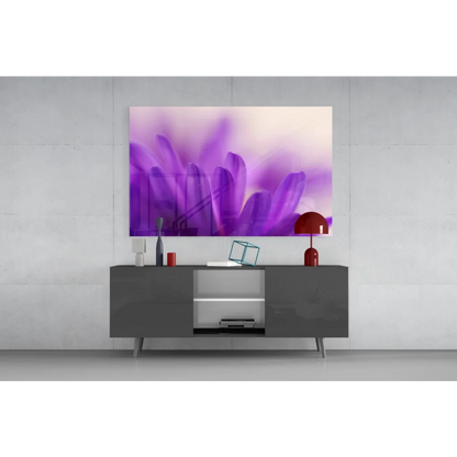 Modern gray sideboard with glass doors and dreamy purple floral wall art