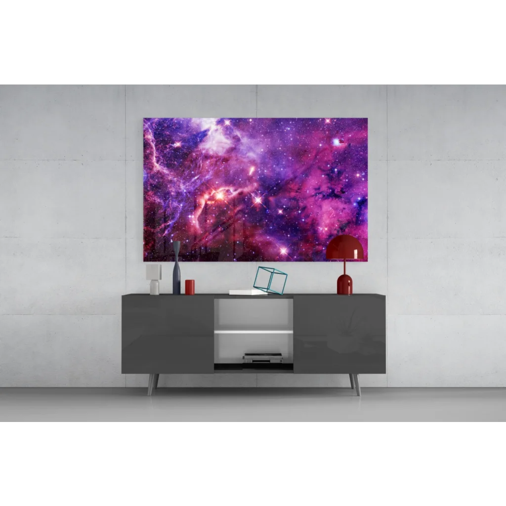 Samsung QLED 8K TV in stunning purple galaxy glass wall art