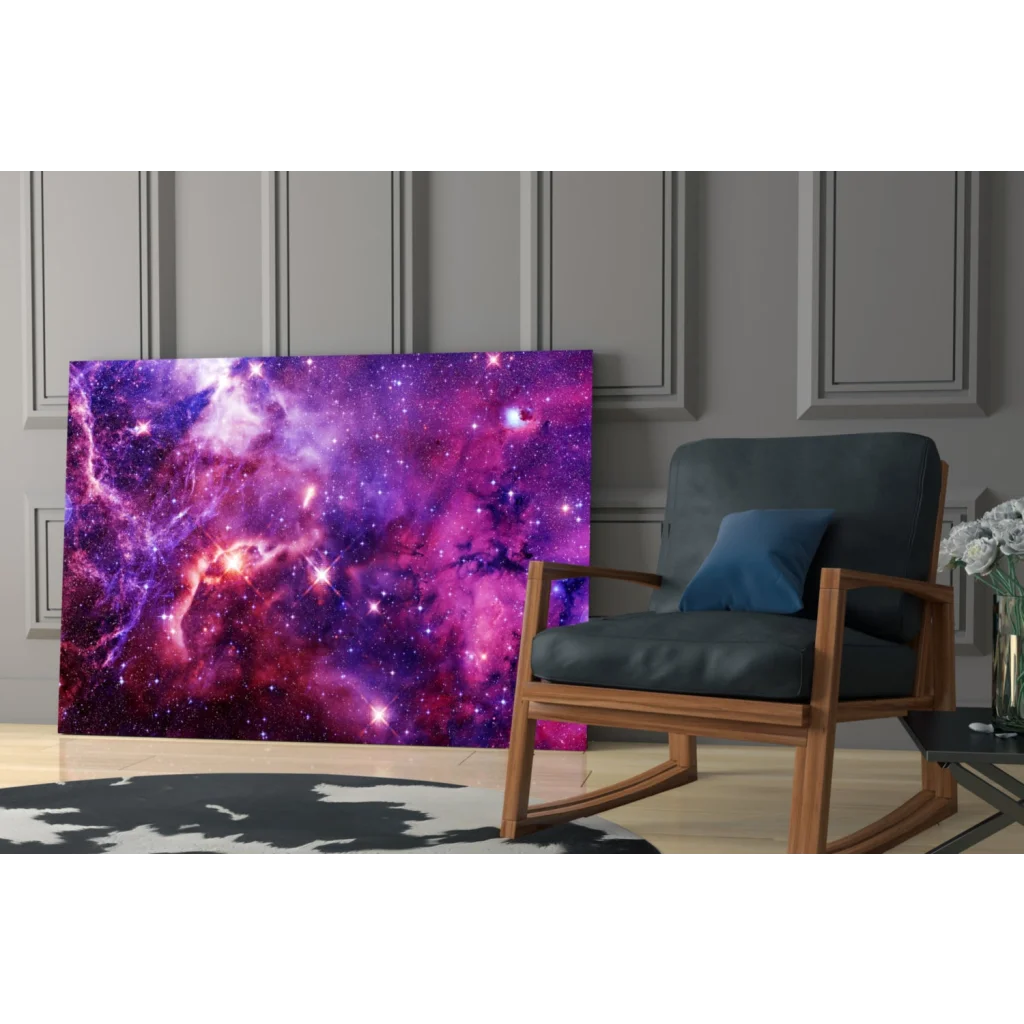 Vibrant purple galaxy wall art with starry nebula design