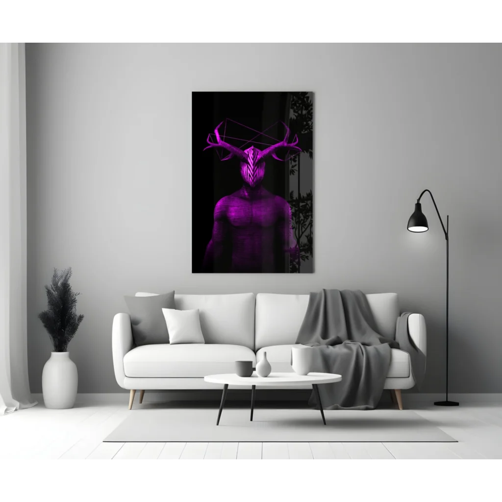 Stunning purple geometric deer glass wall art print on canvas