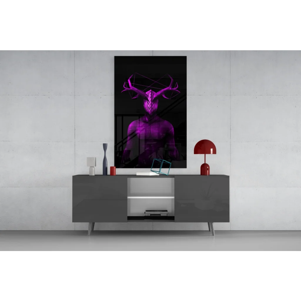 Stunning purple geometric deer glass wall art print on black background
