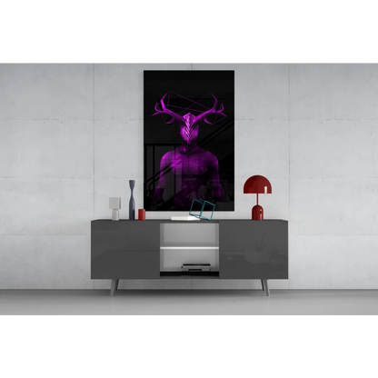 Stunning purple geometric deer glass wall art print on black background