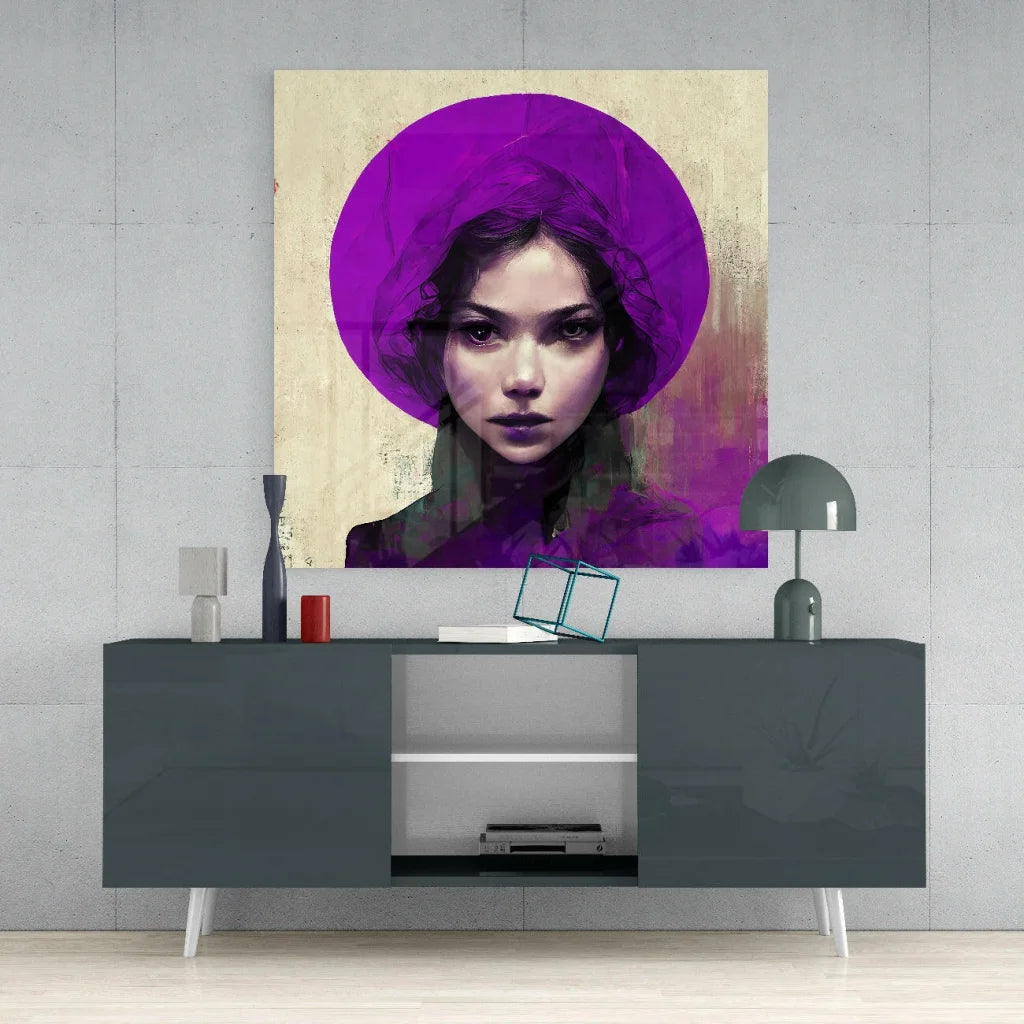 Stunning purple glass wall art with gold accents and glossy texture