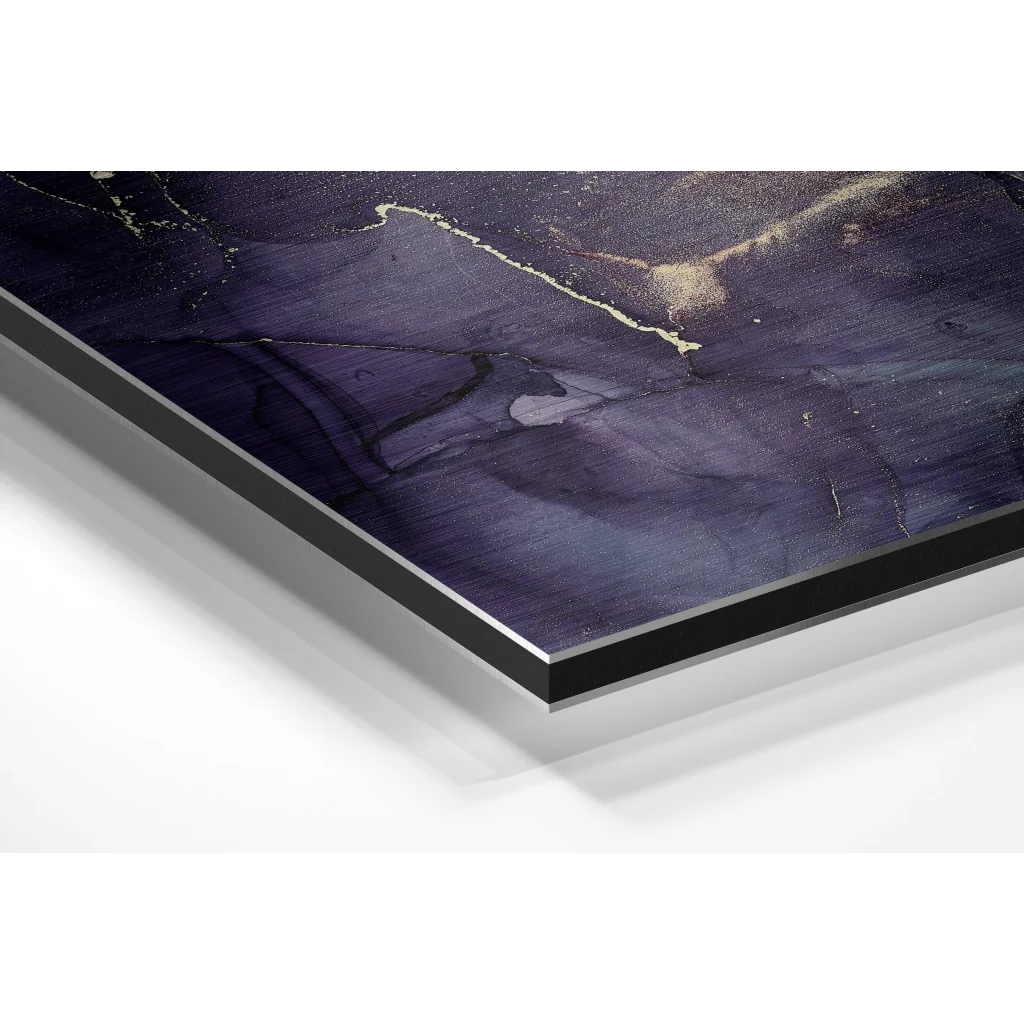 Glass Wall Art Sleek purple gold abstract art print on brushed aluminium dibond